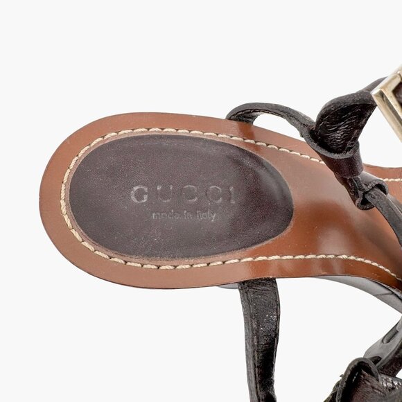 Gucci GG Interlock Cutout Wedge Sandals Size 7.5 Brown Leather Logo Platform - Picture 15 of 16